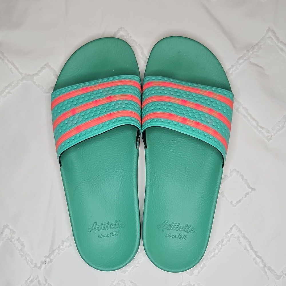 Adidas Adilette Green And Neon Coral Slide Sandals